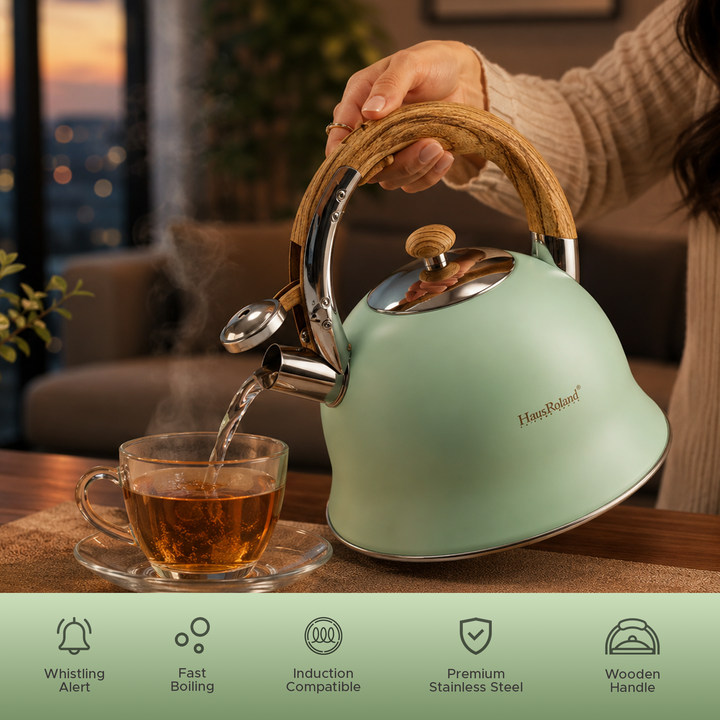 Haus Roland Stainless Steel Whistling Tea Kettle, Wooden Handles, 3L Capacity, Flat Bottom, for Electric, Gas, Induction, Radiation Stoves, Fast Boiling Teapot, Kitchen Utensils