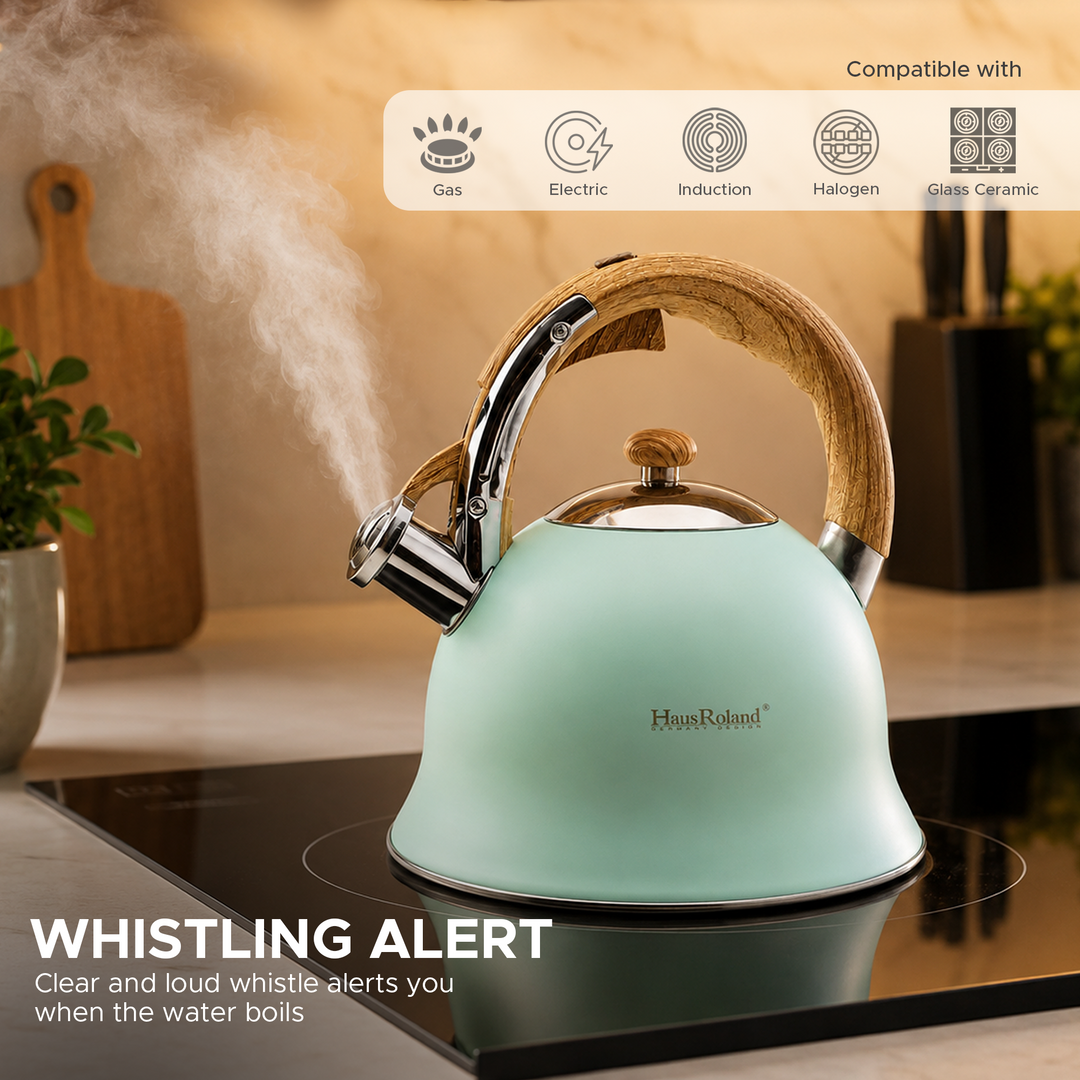 Haus Roland Stainless Steel Whistling Tea Kettle, Wooden Handles, 3L Capacity, Flat Bottom, for Electric, Gas, Induction, Radiation Stoves, Fast Boiling Teapot, Kitchen Utensils