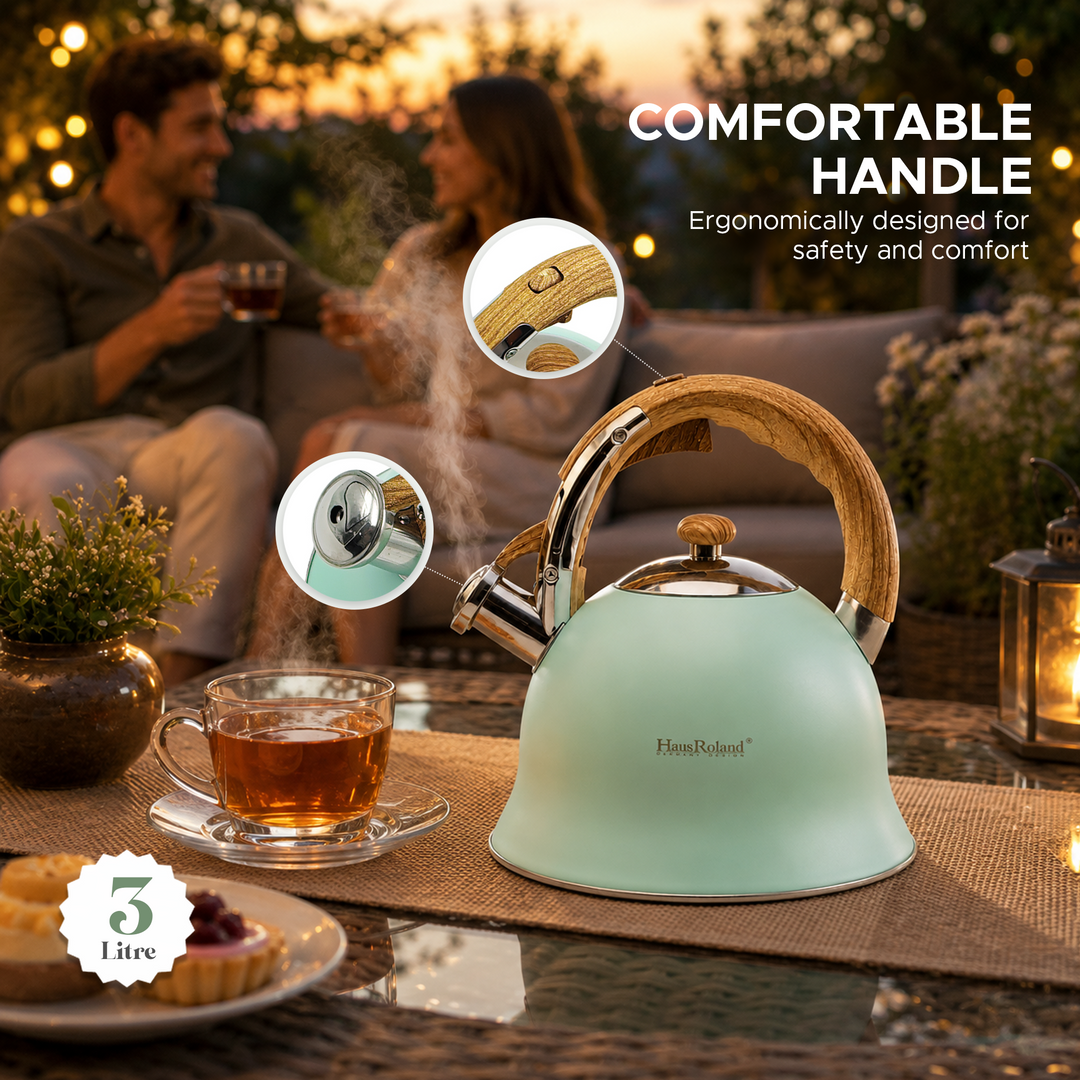 Haus Roland Stainless Steel Whistling Tea Kettle, Wooden Handles, 3L Capacity, Flat Bottom, for Electric, Gas, Induction, Radiation Stoves, Fast Boiling Teapot, Kitchen Utensils