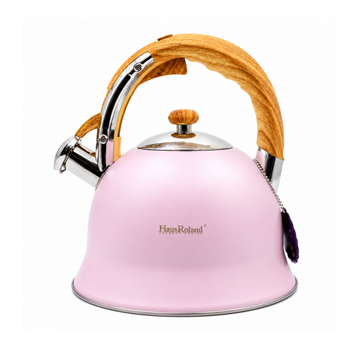 Haus Roland Stainless Steel Whistling Tea Kettle, Wooden Handles, 3L Capacity, Flat Bottom, for Electric, Gas, Induction, Radiation Stoves, Fast Boiling Teapot, Kitchen Utensils