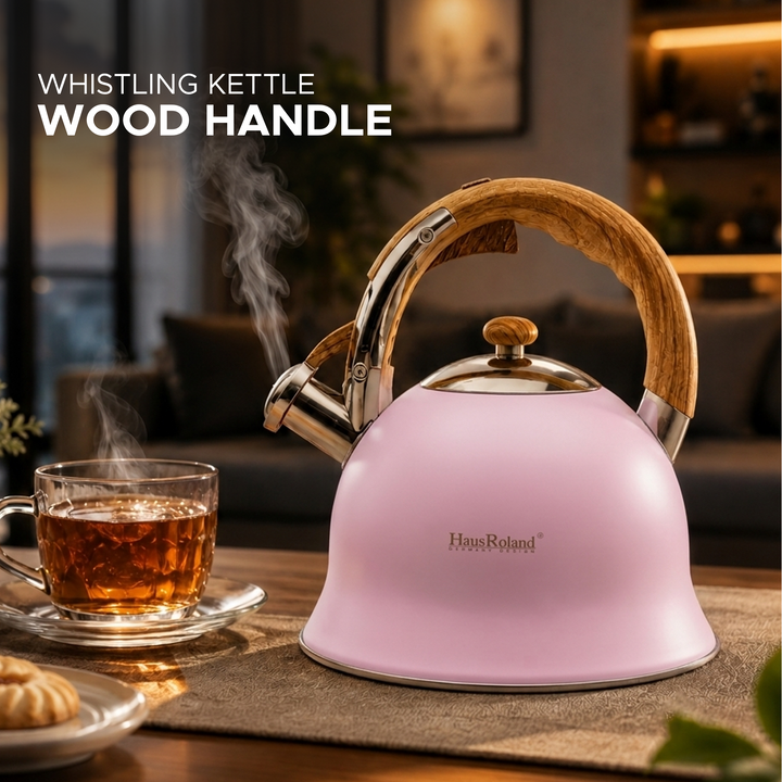Haus Roland Stainless Steel Whistling Tea Kettle, Wooden Handles, 3L Capacity, Flat Bottom, for Electric, Gas, Induction, Radiation Stoves, Fast Boiling Teapot, Kitchen Utensils