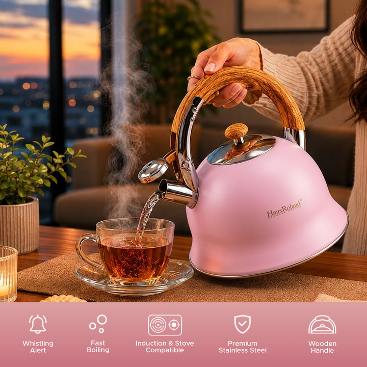 Haus Roland Stainless Steel Whistling Tea Kettle, Wooden Handles, 3L Capacity, Flat Bottom, for Electric, Gas, Induction, Radiation Stoves, Fast Boiling Teapot, Kitchen Utensils