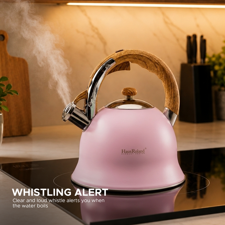 Haus Roland Stainless Steel Whistling Tea Kettle, Wooden Handles, 3L Capacity, Flat Bottom, for Electric, Gas, Induction, Radiation Stoves, Fast Boiling Teapot, Kitchen Utensils