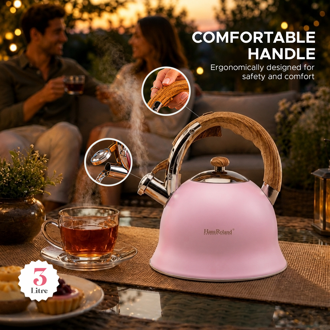 Haus Roland Stainless Steel Whistling Tea Kettle, Wooden Handles, 3L Capacity, Flat Bottom, for Electric, Gas, Induction, Radiation Stoves, Fast Boiling Teapot, Kitchen Utensils