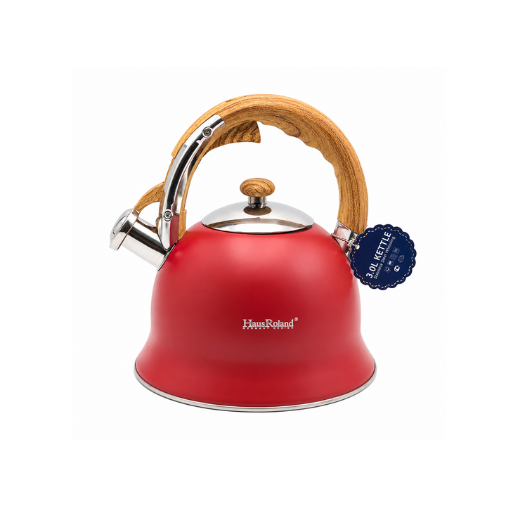 Haus Roland Stainless Steel Whistling Tea Kettle, Wooden Handles, 3L Capacity, Flat Bottom, for Electric, Gas, Induction, Radiation Stoves, Fast Boiling Teapot, Kitchen Utensils