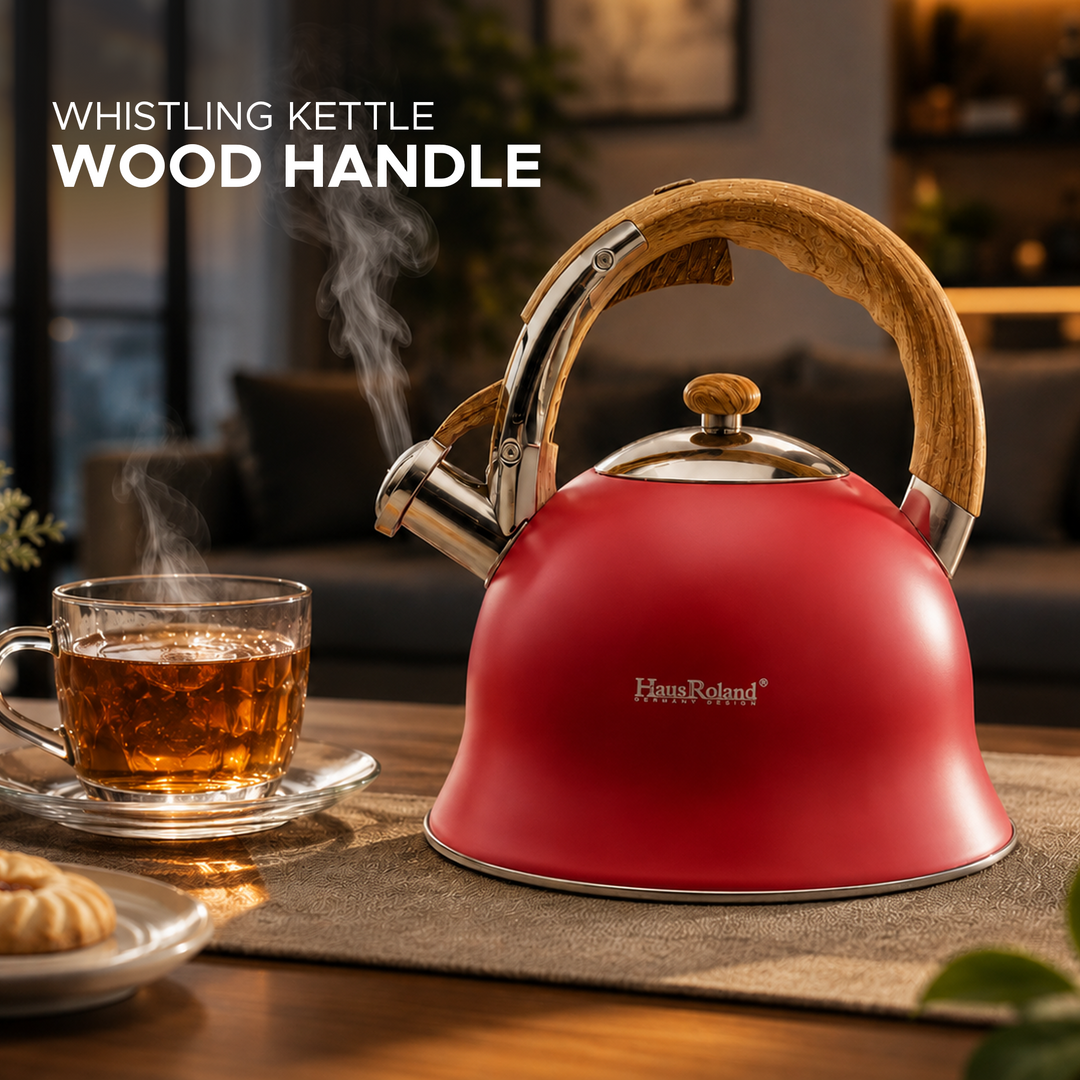 Haus Roland Stainless Steel Whistling Tea Kettle, Wooden Handles, 3L Capacity, Flat Bottom, for Electric, Gas, Induction, Radiation Stoves, Fast Boiling Teapot, Kitchen Utensils
