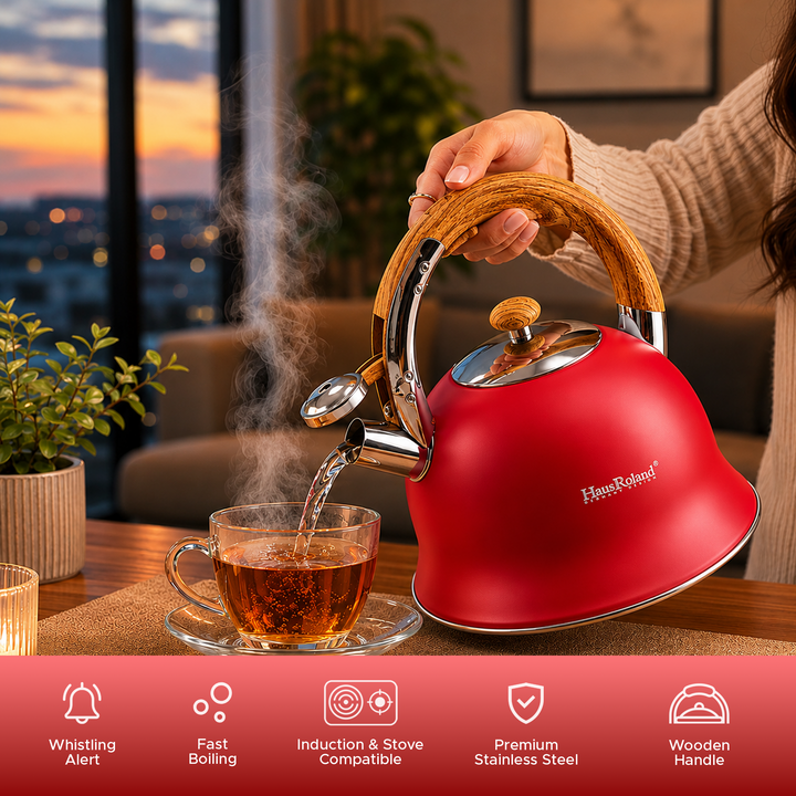 Haus Roland Stainless Steel Whistling Tea Kettle, Wooden Handles, 3L Capacity, Flat Bottom, for Electric, Gas, Induction, Radiation Stoves, Fast Boiling Teapot, Kitchen Utensils