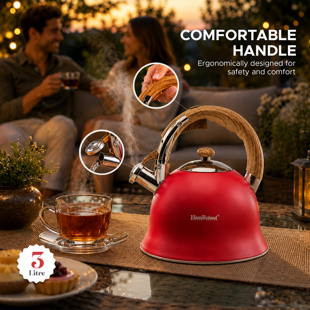 Haus Roland Stainless Steel Whistling Tea Kettle, Wooden Handles, 3L Capacity, Flat Bottom, for Electric, Gas, Induction, Radiation Stoves, Fast Boiling Teapot, Kitchen Utensils