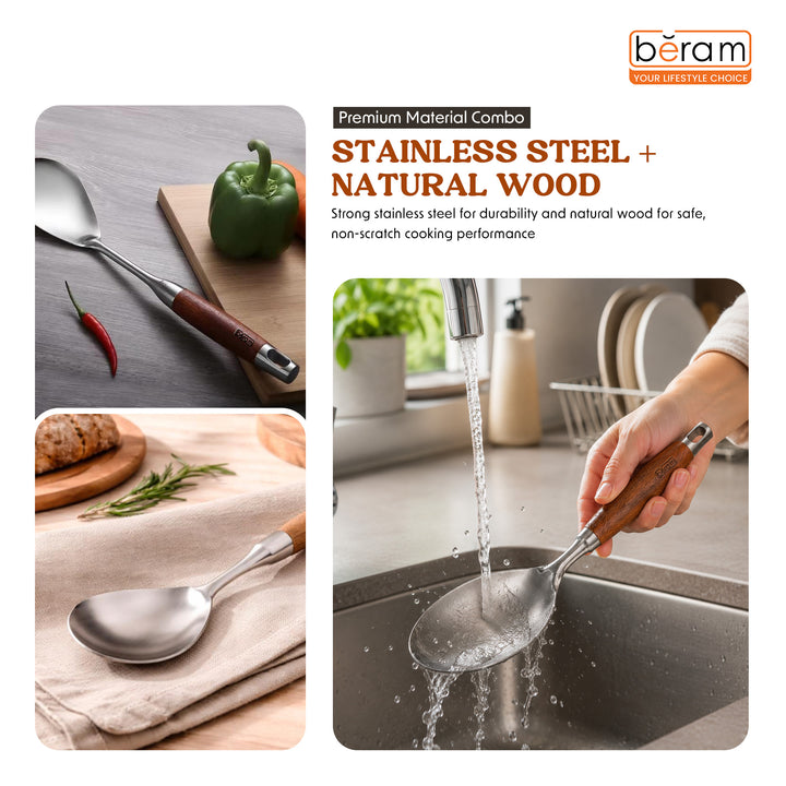 Beram Stainless Steel Wooden Spatula Durable 304 Food-Grade Spatula with Ergonomic Wooden Handle, Heat-Resistant and Rust-Proof, Ideal for Cooking, Stir-Frying, Mixing, and Serving.