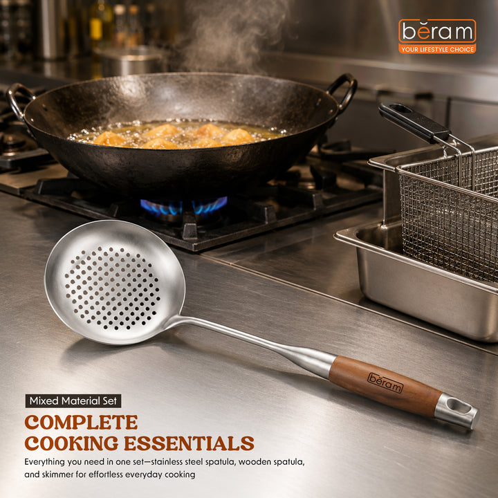 Beram Stainless Steel Wooden Spatula Durable 304 Food-Grade Spatula with Ergonomic Wooden Handle, Heat-Resistant and Rust-Proof, Ideal for Cooking, Stir-Frying, Mixing, and Serving.