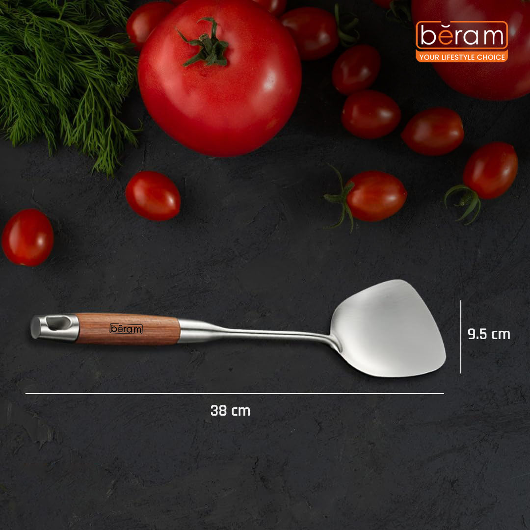 Beram Stainless Steel Wooden Spatula Durable 304 Food-Grade Spatula with Ergonomic Wooden Handle, Heat-Resistant and Rust-Proof, Ideal for Cooking, Stir-Frying, Mixing, and Serving.
