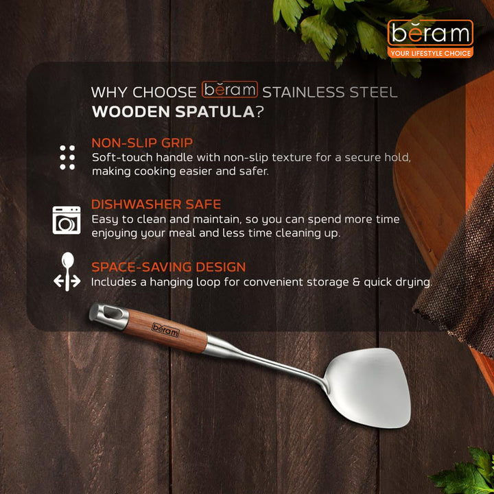 Beram Stainless Steel Wooden Spatula Durable 304 Food-Grade Spatula with Ergonomic Wooden Handle, Heat-Resistant and Rust-Proof, Ideal for Cooking, Stir-Frying, Mixing, and Serving.