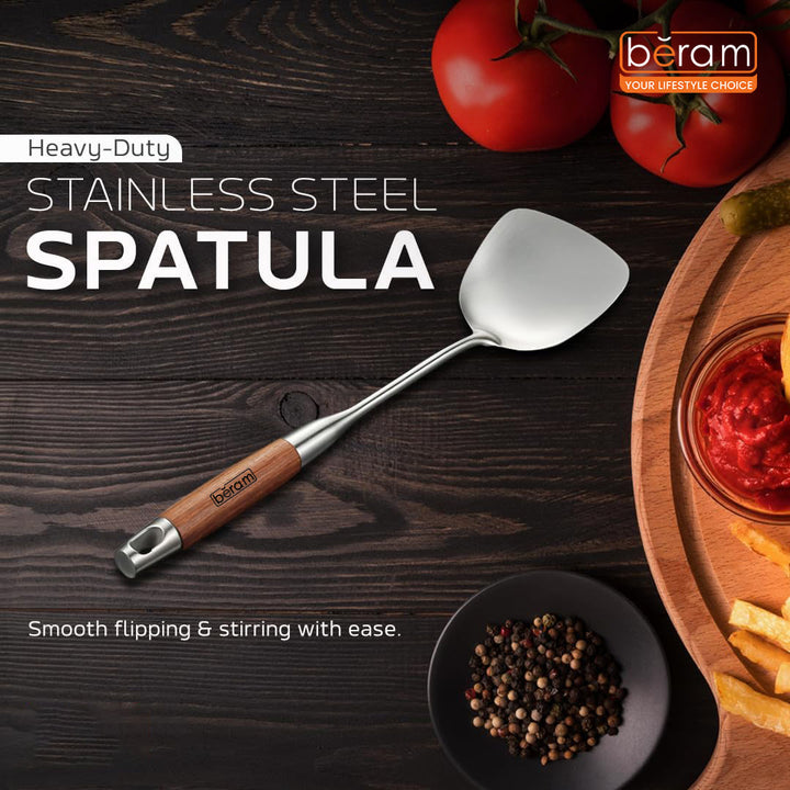 Beram Stainless Steel Wooden Spatula Durable 304 Food-Grade Spatula with Ergonomic Wooden Handle, Heat-Resistant and Rust-Proof, Ideal for Cooking, Stir-Frying, Mixing, and Serving.