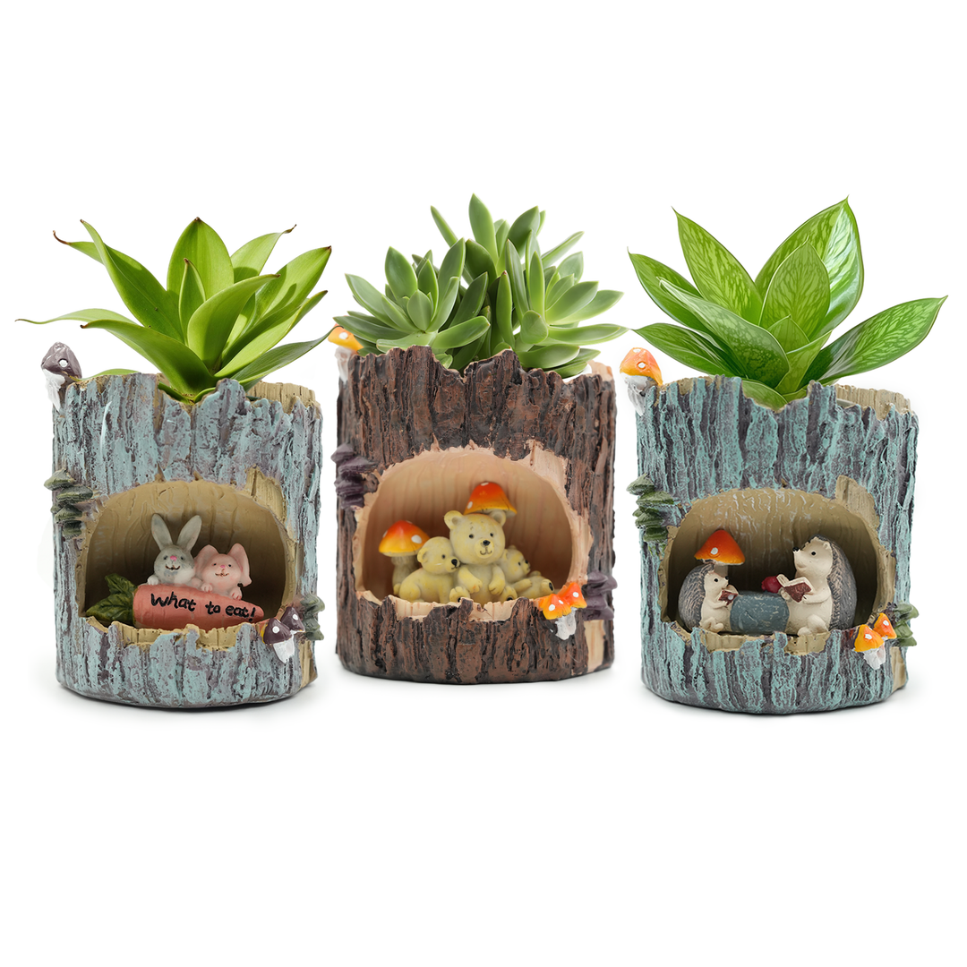 Woodland Animal Planter Set Polyresin Decorative Flower Vase Cute Squirrel Bunny and Bear Succulent Pots Tree Trunk Design Indoor Outdoor Home Garden Decor Pen Pencil Holder Gift Epoxy Coated Finishing