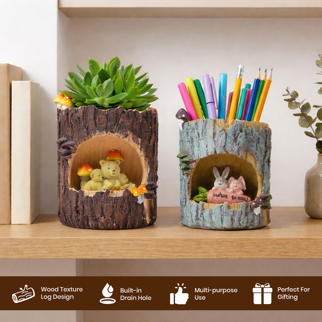 Woodland Animal Planter Set Polyresin Decorative Flower Vase Cute Squirrel Bunny and Bear Succulent Pots Tree Trunk Design Indoor Outdoor Home Garden Decor Pen Pencil Holder Gift Epoxy Coated Finishing