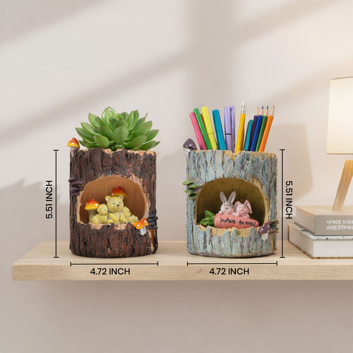 Woodland Animal Planter Set Polyresin Decorative Flower Vase Cute Squirrel Bunny and Bear Succulent Pots Tree Trunk Design Indoor Outdoor Home Garden Decor Pen Pencil Holder Gift Epoxy Coated Finishing