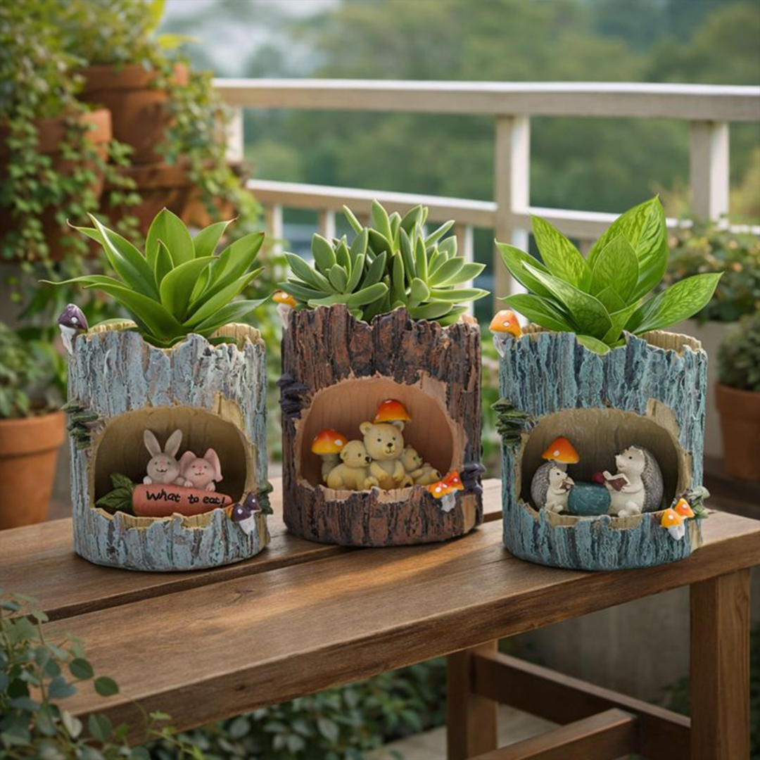 Woodland Animal Planter Set Polyresin Decorative Flower Vase Cute Squirrel Bunny and Bear Succulent Pots Tree Trunk Design Indoor Outdoor Home Garden Decor Pen Pencil Holder Gift Epoxy Coated Finishing