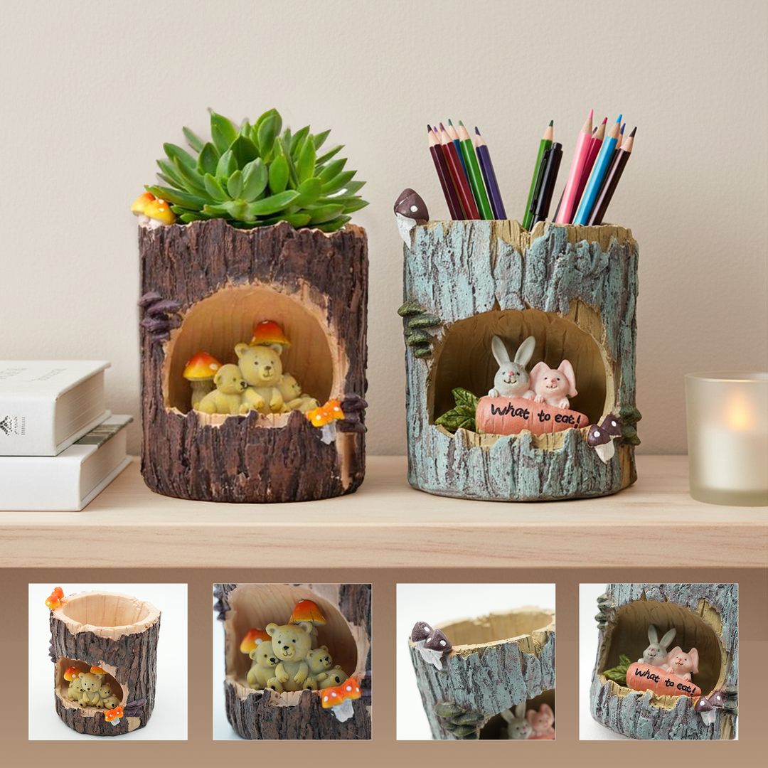 Woodland Animal Planter Set Polyresin Decorative Flower Vase Cute Squirrel Bunny and Bear Succulent Pots Tree Trunk Design Indoor Outdoor Home Garden Decor Pen Pencil Holder Gift Epoxy Coated Finishing