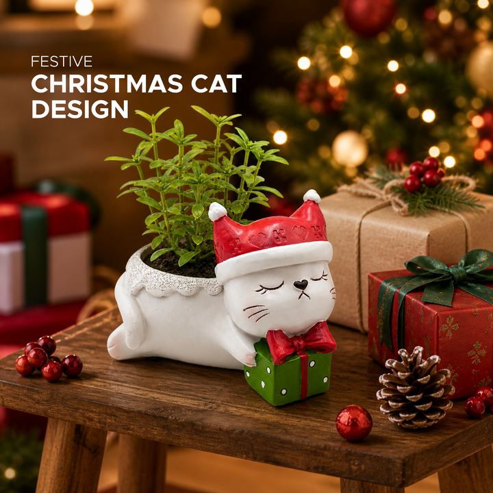 Animal Christmas Flower Pot 4 Pcs Set Rabbit Cat Porcupine Elephant Polyresin Succulent Planter Festive Mini Vase with Santa Hat Gift Box Design Indoor Outdoor Home Office Desk Decor Gift