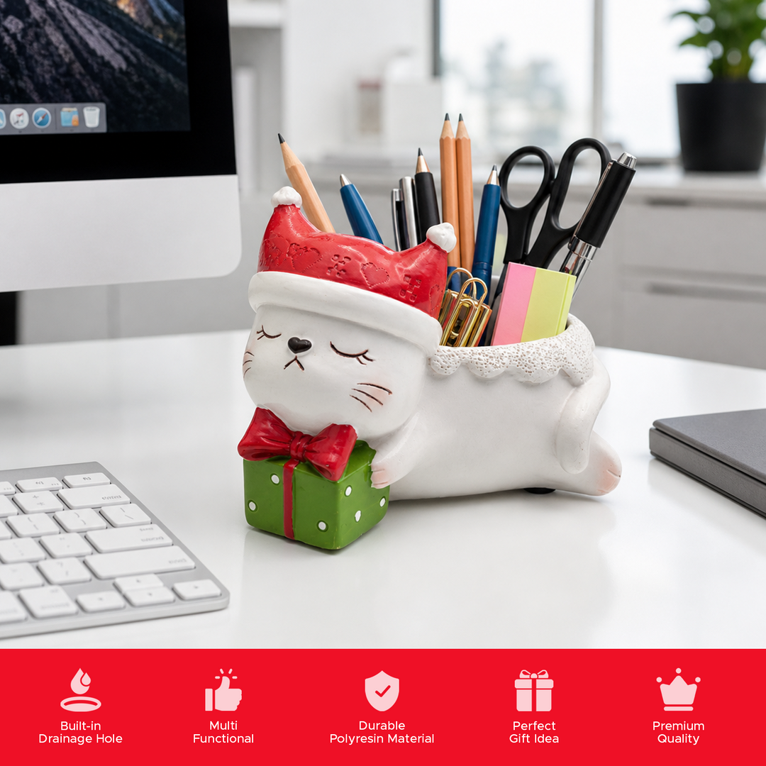 Animal Christmas Flower Pot 4 Pcs Set Rabbit Cat Porcupine Elephant Polyresin Succulent Planter Festive Mini Vase with Santa Hat Gift Box Design Indoor Outdoor Home Office Desk Decor Gift