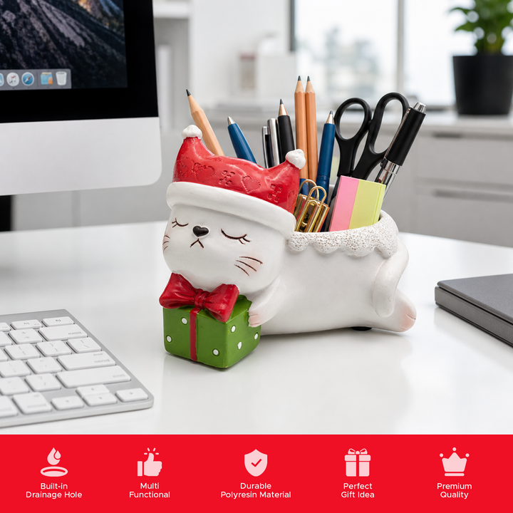 Animal Christmas Flower Pot 4 Pcs Set Rabbit Cat Porcupine Elephant Polyresin Succulent Planter Festive Mini Vase with Santa Hat Gift Box Design Indoor Outdoor Home Office Desk Decor Gift
