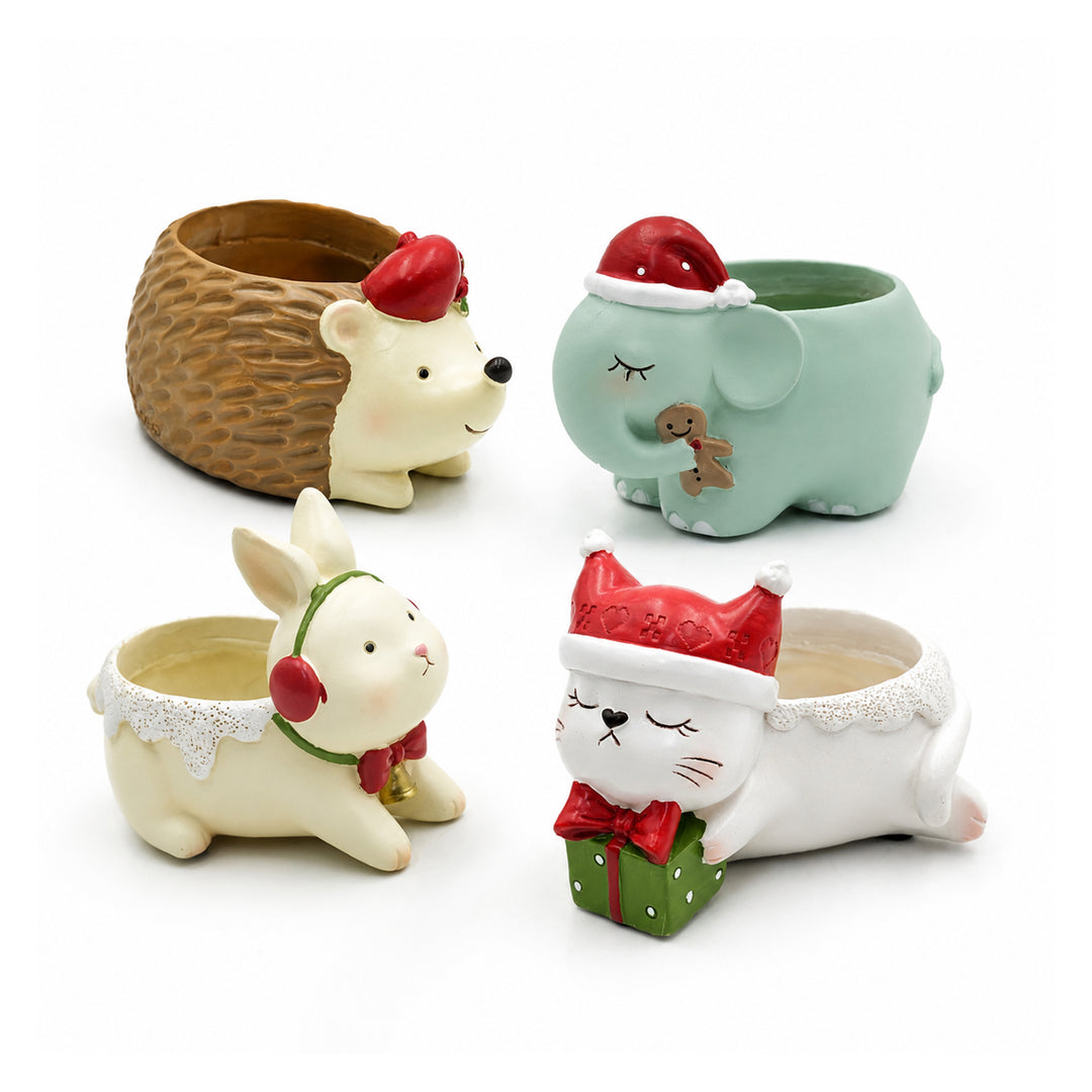 Animal Christmas Flower Pot 4 Pcs Set Rabbit Cat Porcupine Elephant Polyresin Succulent Planter Festive Mini Vase with Santa Hat Gift Box Design Indoor Outdoor Home Office Desk Decor Gift