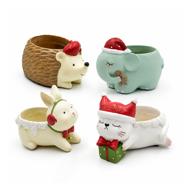 Animal Christmas Flower Pot 4 Pcs Set Rabbit Cat Porcupine Elephant Polyresin Succulent Planter Festive Mini Vase with Santa Hat Gift Box Design Indoor Outdoor Home Office Desk Decor Gift