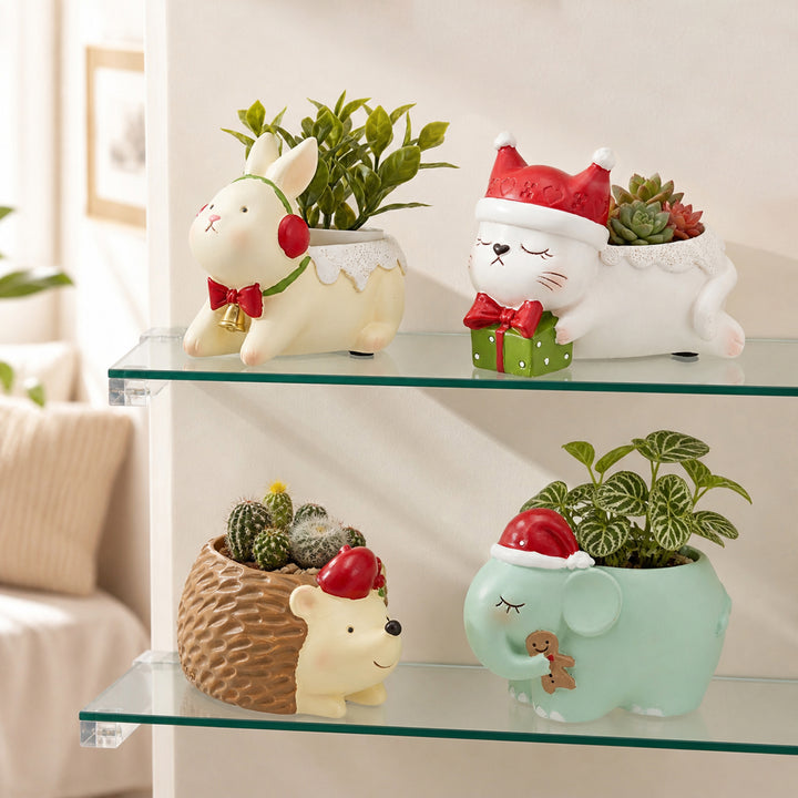 Animal Christmas Flower Pot 4 Pcs Set Rabbit Cat Porcupine Elephant Polyresin Succulent Planter Festive Mini Vase with Santa Hat Gift Box Design Indoor Outdoor Home Office Desk Decor Gift