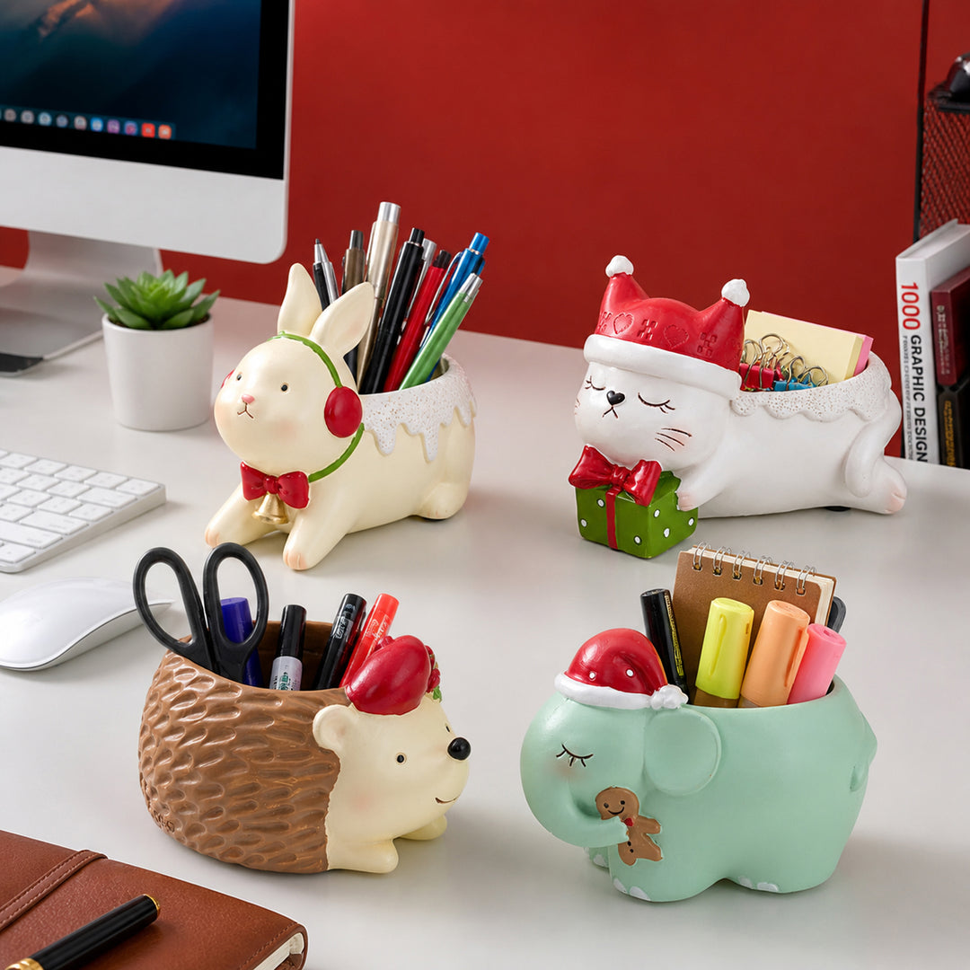 Animal Christmas Flower Pot 4 Pcs Set Rabbit Cat Porcupine Elephant Polyresin Succulent Planter Festive Mini Vase with Santa Hat Gift Box Design Indoor Outdoor Home Office Desk Decor Gift
