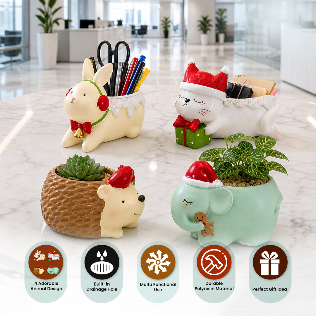 Animal Christmas Flower Pot 4 Pcs Set Rabbit Cat Porcupine Elephant Polyresin Succulent Planter Festive Mini Vase with Santa Hat Gift Box Design Indoor Outdoor Home Office Desk Decor Gift