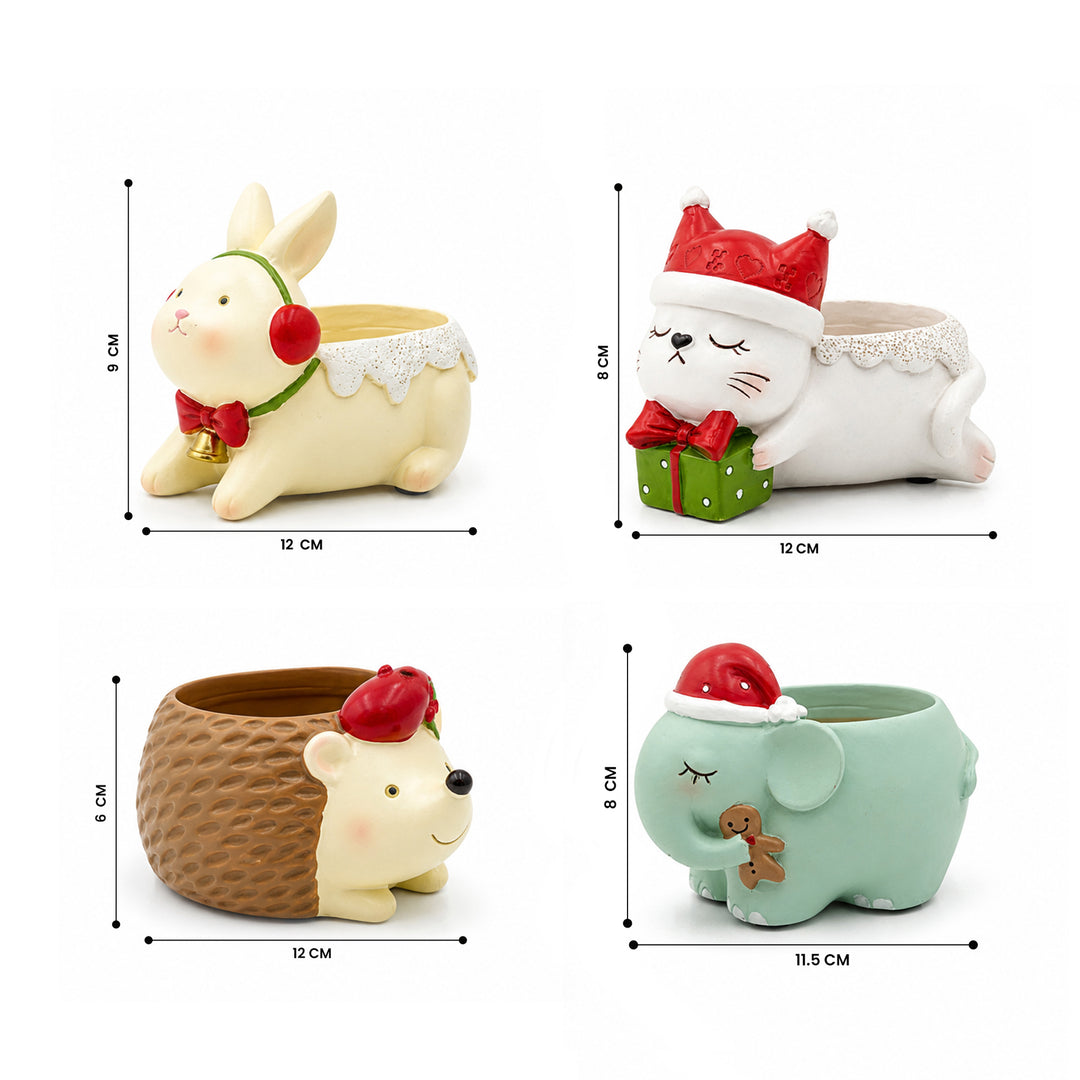 Animal Christmas Flower Pot 4 Pcs Set Rabbit Cat Porcupine Elephant Polyresin Succulent Planter Festive Mini Vase with Santa Hat Gift Box Design Indoor Outdoor Home Office Desk Decor Gift