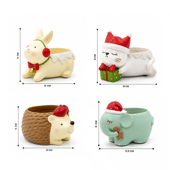 Animal Christmas Flower Pot 4 Pcs Set Rabbit Cat Porcupine Elephant Polyresin Succulent Planter Festive Mini Vase with Santa Hat Gift Box Design Indoor Outdoor Home Office Desk Decor Gift