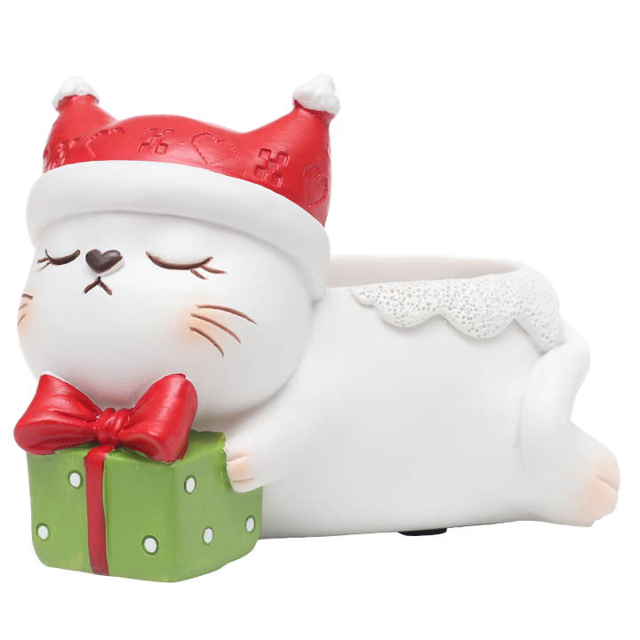 Animal Christmas Flower Pot 4 Pcs Set Rabbit Cat Porcupine Elephant Polyresin Succulent Planter Festive Mini Vase with Santa Hat Gift Box Design Indoor Outdoor Home Office Desk Decor Gift