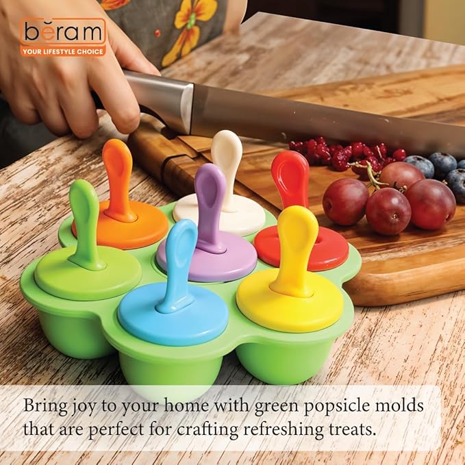 Beram Mini Popsicle Ice Cream Mould Seven Colourful Sticks Healthy Fruit Moulds Pure Silicone Mould with Plastic Sticks Kids Ice Cream DIY Pop Molds BPA Free
