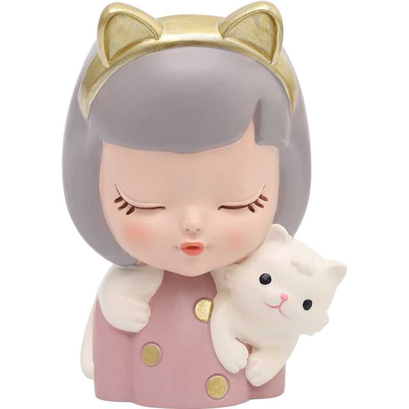 Beram Charming Figurine Set Green Pink Grey Polyresin Decorative Flower Vase Cute Girl Succulent Pot Modern Indoor Home Office Table Decor Propagator Kit Gift Set