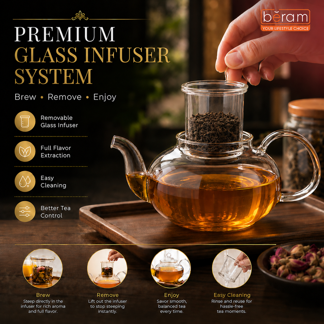 BERAM Glass Teapot with Removable 18/8 Stainless Steel Infuser, Bulge Lid 600ml, Borosilicate Clear Tea Kettle, Stovetop Safe, Hand Crafted Tea Kettle for Home, Loose Leaf Tea Maker, Tea Brewer