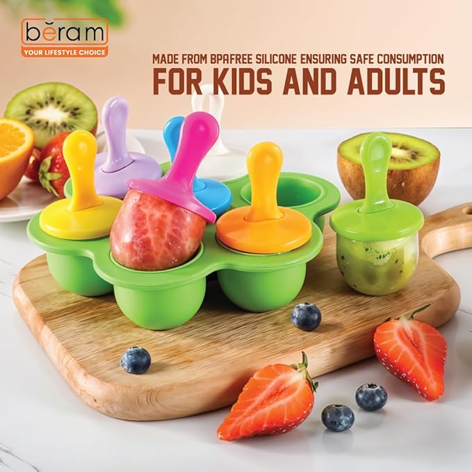Beram Mini Popsicle Ice Cream Mould Seven Colourful Sticks Healthy Fruit Moulds Pure Silicone Mould with Plastic Sticks Kids Ice Cream DIY Pop Molds BPA Free