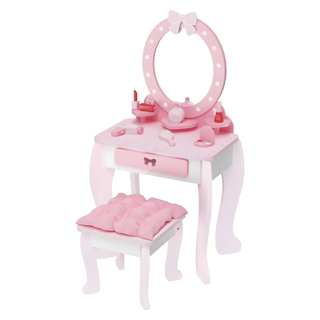 Playtive Wooden Dressing Table & Stool – 9-Piece Pretend Beauty Vanity Set for Kids – Includes Mirror, Drawer, Cushioned Stool & Wooden Accessories – Encourages Imaginative Role Play – Ages 3+ – Sustainable Wood Construction