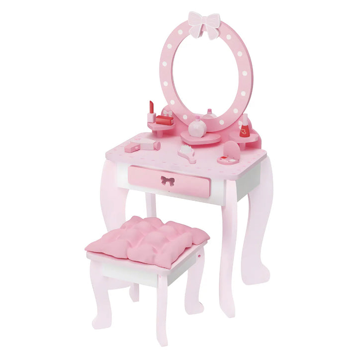 Playtive Wooden Dressing Table & Stool – 9-Piece Pretend Beauty Vanity Set for Kids – Includes Mirror, Drawer, Cushioned Stool & Wooden Accessories – Encourages Imaginative Role Play – Ages 3+ – Sustainable Wood Construction