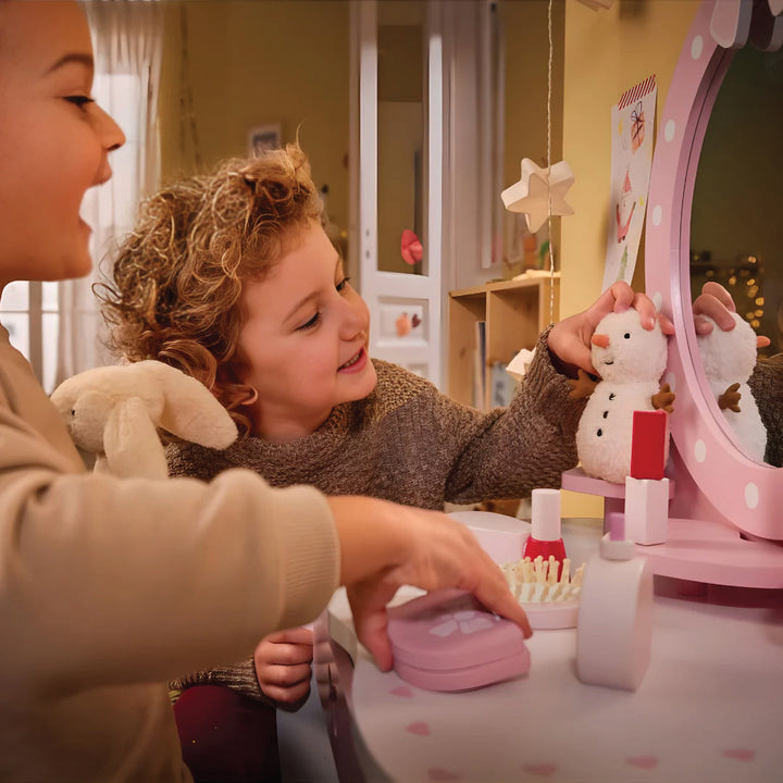 Playtive Wooden Dressing Table & Stool – 9-Piece Pretend Beauty Vanity Set for Kids – Includes Mirror, Drawer, Cushioned Stool & Wooden Accessories – Encourages Imaginative Role Play – Ages 3+ – Sustainable Wood Construction