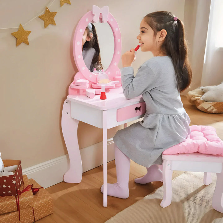 Playtive Wooden Dressing Table & Stool – 9-Piece Pretend Beauty Vanity Set for Kids – Includes Mirror, Drawer, Cushioned Stool & Wooden Accessories – Encourages Imaginative Role Play – Ages 3+ – Sustainable Wood Construction