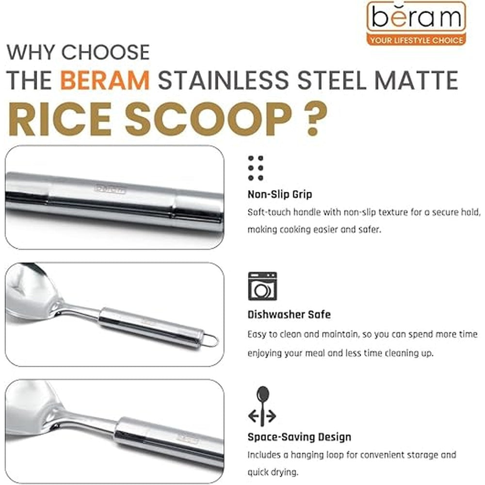 BERAM Stainless Steel Cooking Utensils Set – 6-Piece Kitchen Tool Set with Pasta Server Turner Spatula Skimmer Rice Scoop & Soup Ladle – Durable Matte Silver Cookware Utensils