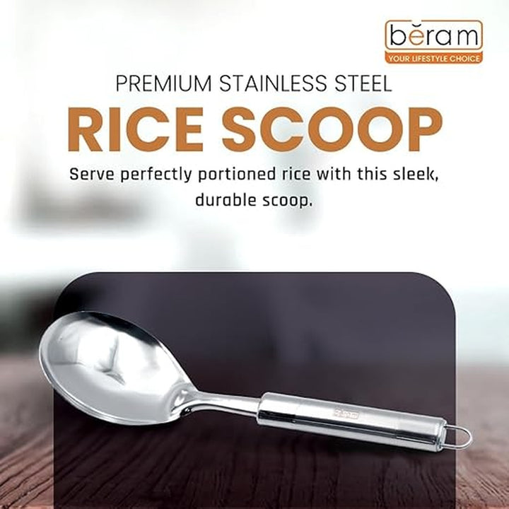 BERAM Stainless Steel Cooking Utensils Set – 6-Piece Kitchen Tool Set with Pasta Server Turner Spatula Skimmer Rice Scoop & Soup Ladle – Durable Matte Silver Cookware Utensils