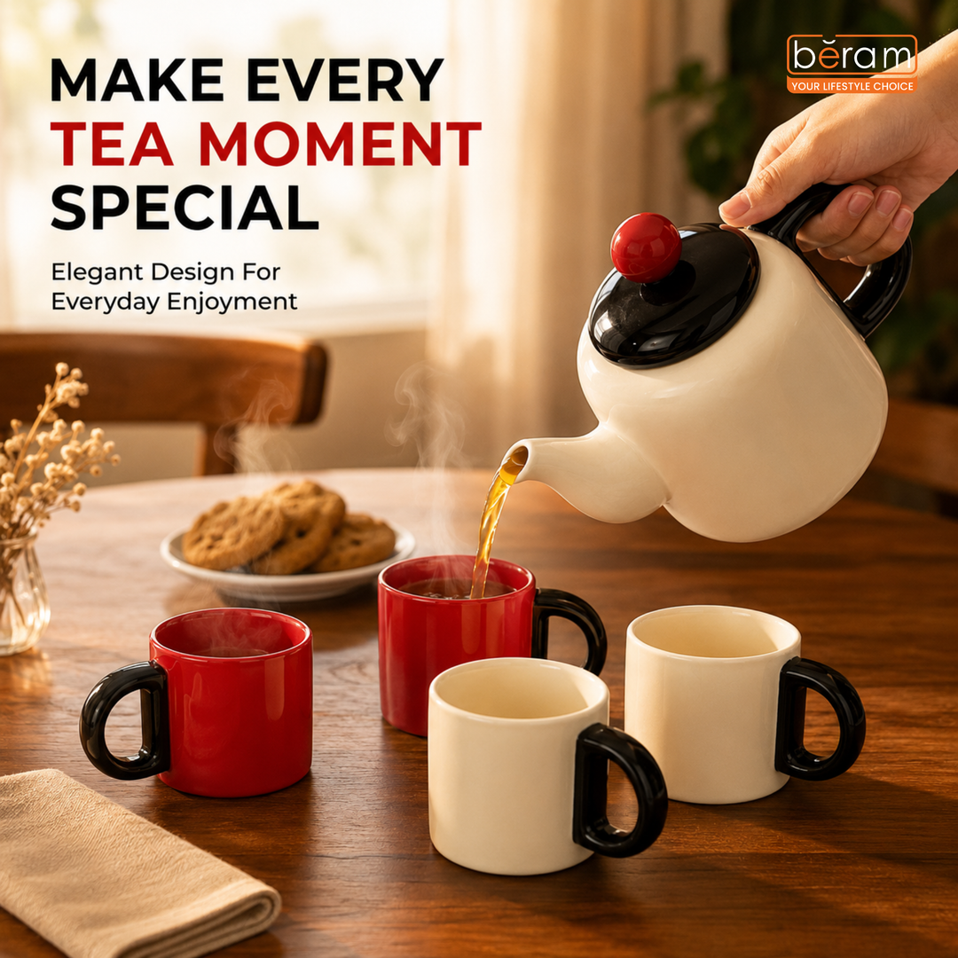 BERAM Ceramic Tea Set 1 Liter Teapot Set with 140ml Cups 6 Pieces Set Removable Stainless Steel Infuser Decorative Tea Set with Gift Packaging Elegant Serveware Tea Party Set Red and White